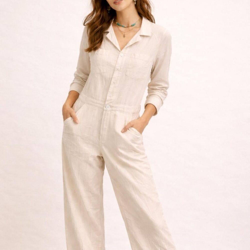 Olympia Etal Linen Button Down Jumpsuit Size M | Neutral Minimal Coastal Core